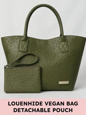 LouenHide tote bag vegan leather ostrich texture roomy carryall with pouch green